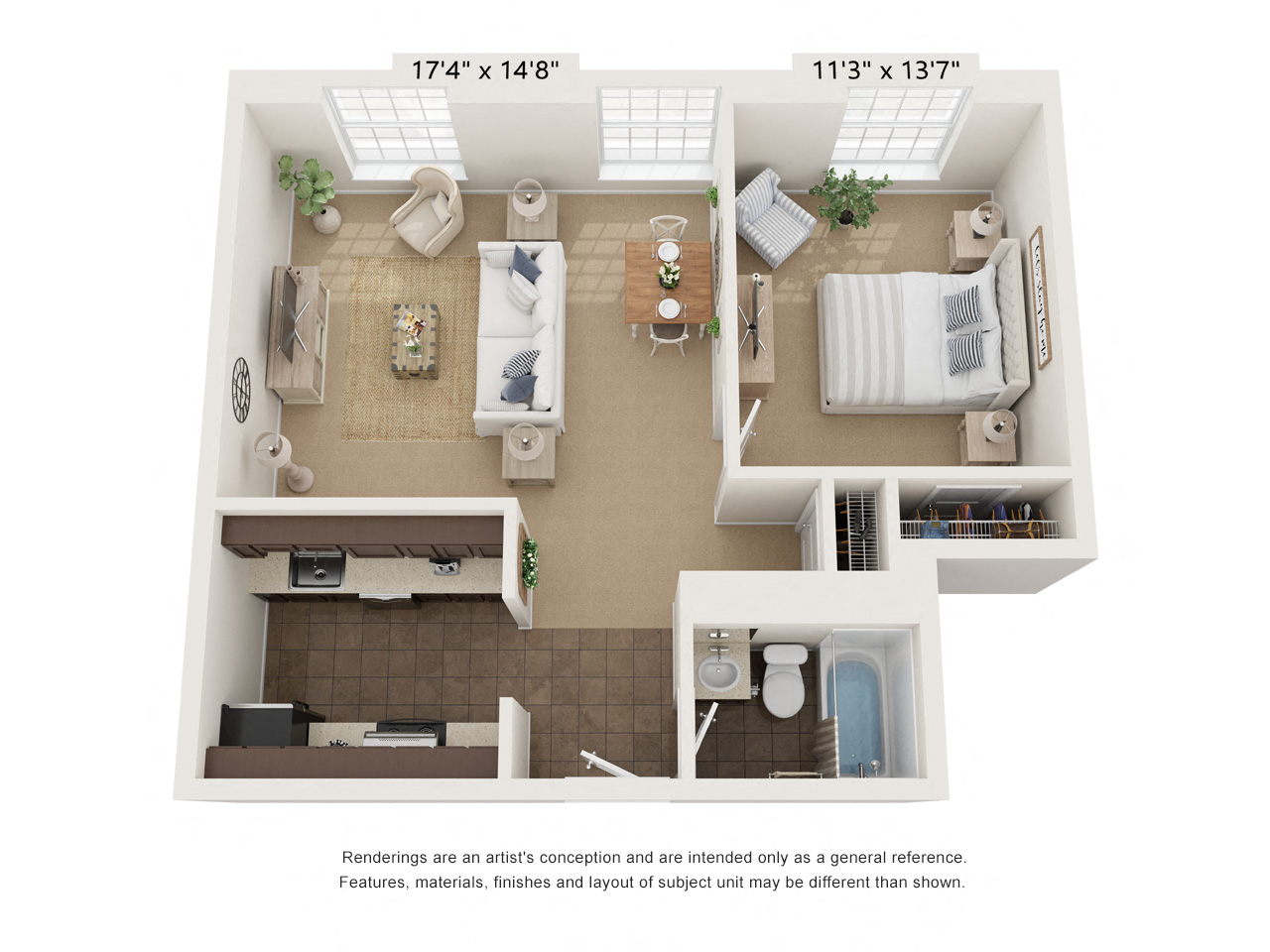 Floor plan for 1 bed, 1 bath, 700 sqft